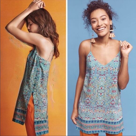 NWT Maeve Anthropologie Meret Silk Tunic Top Green Paisley Floral Anthro Size 4 - Picture 7 of 10